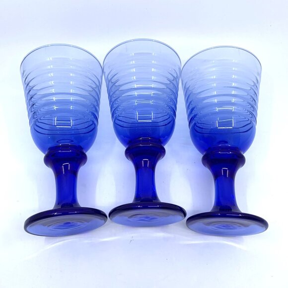3 Vintage Libbey Ribbed Water Glasses Sirrus Cobalt Blue 7 3/8" Tall Goblet Wine - Picture 4 of 9